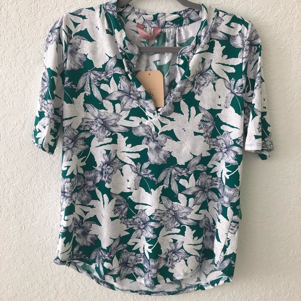 SJS Petite Womens Green White Floral Short Sleeve Tee Blouse Shirt NEW XL Petite